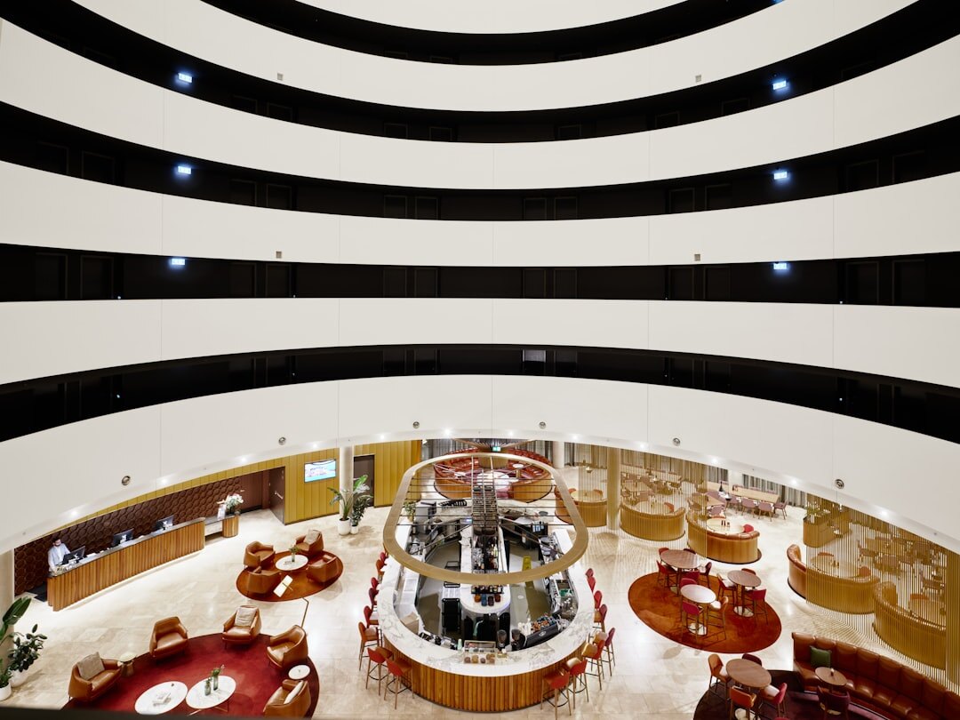 Reception area of a television production office with framed broadcast photos