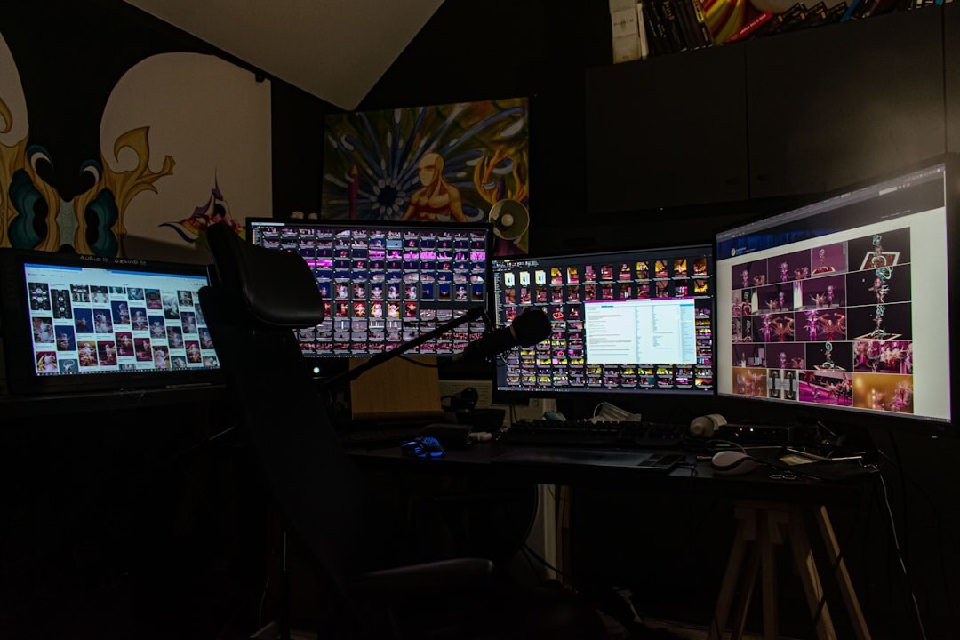 Live television broadcast control room with multiple monitors