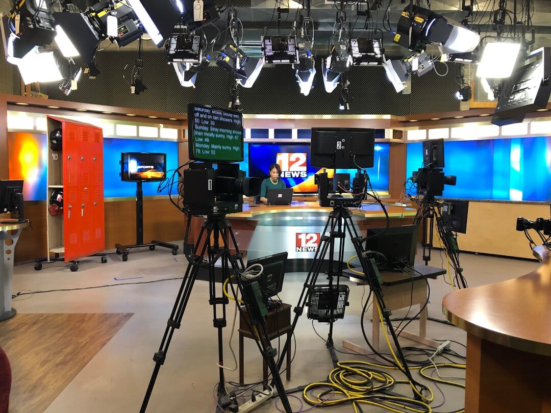 Microphone on a boom stand in a television studio
